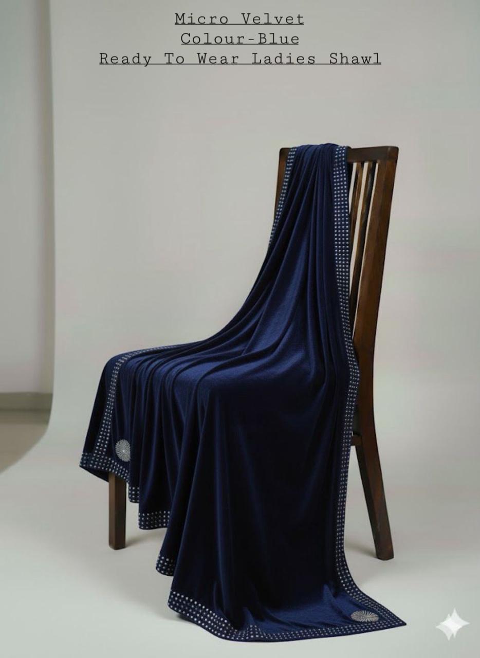 LADIES MICRO VELVET STONE WORK SHAWL (BLUE)