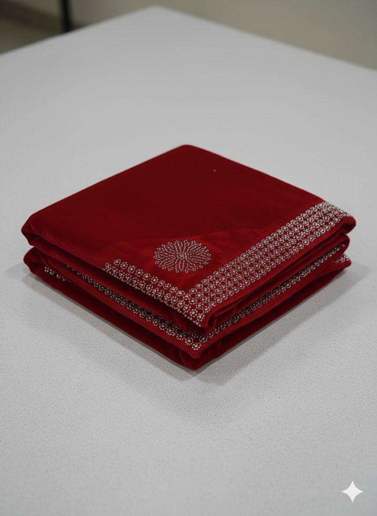 LADIES MICRO VELVET STONE WORK SHAWL(RED)