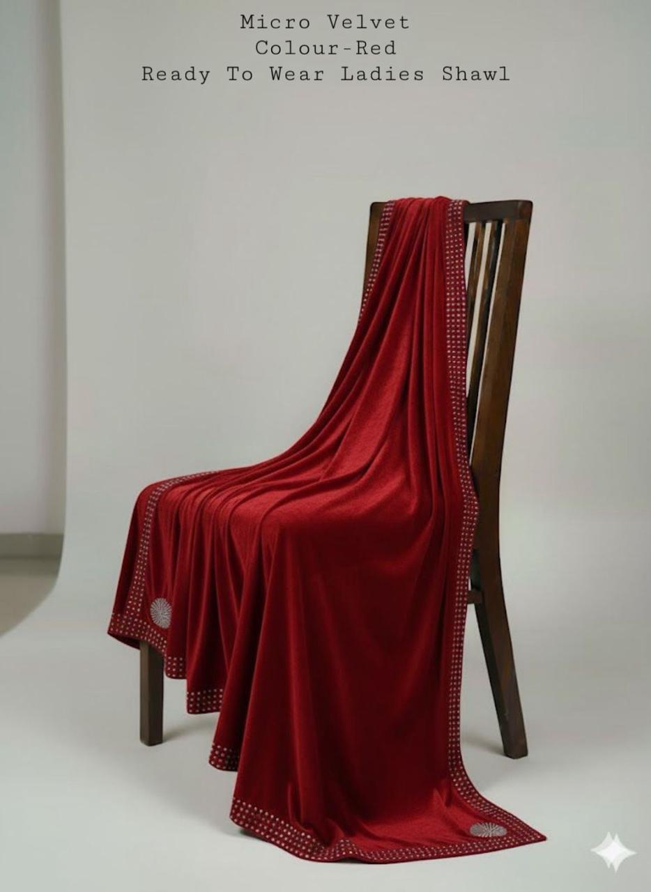 LADIES MICRO VELVET STONE WORK SHAWL(RED)