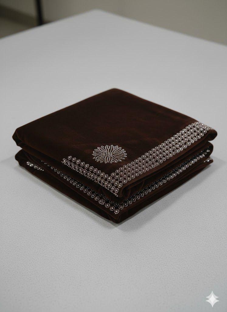 LADIES MICRO VELVET STONE WORK SHAWL (BROWN)