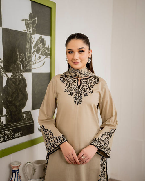 Beige Swiss Lawn Shirt Embroidery Close-up