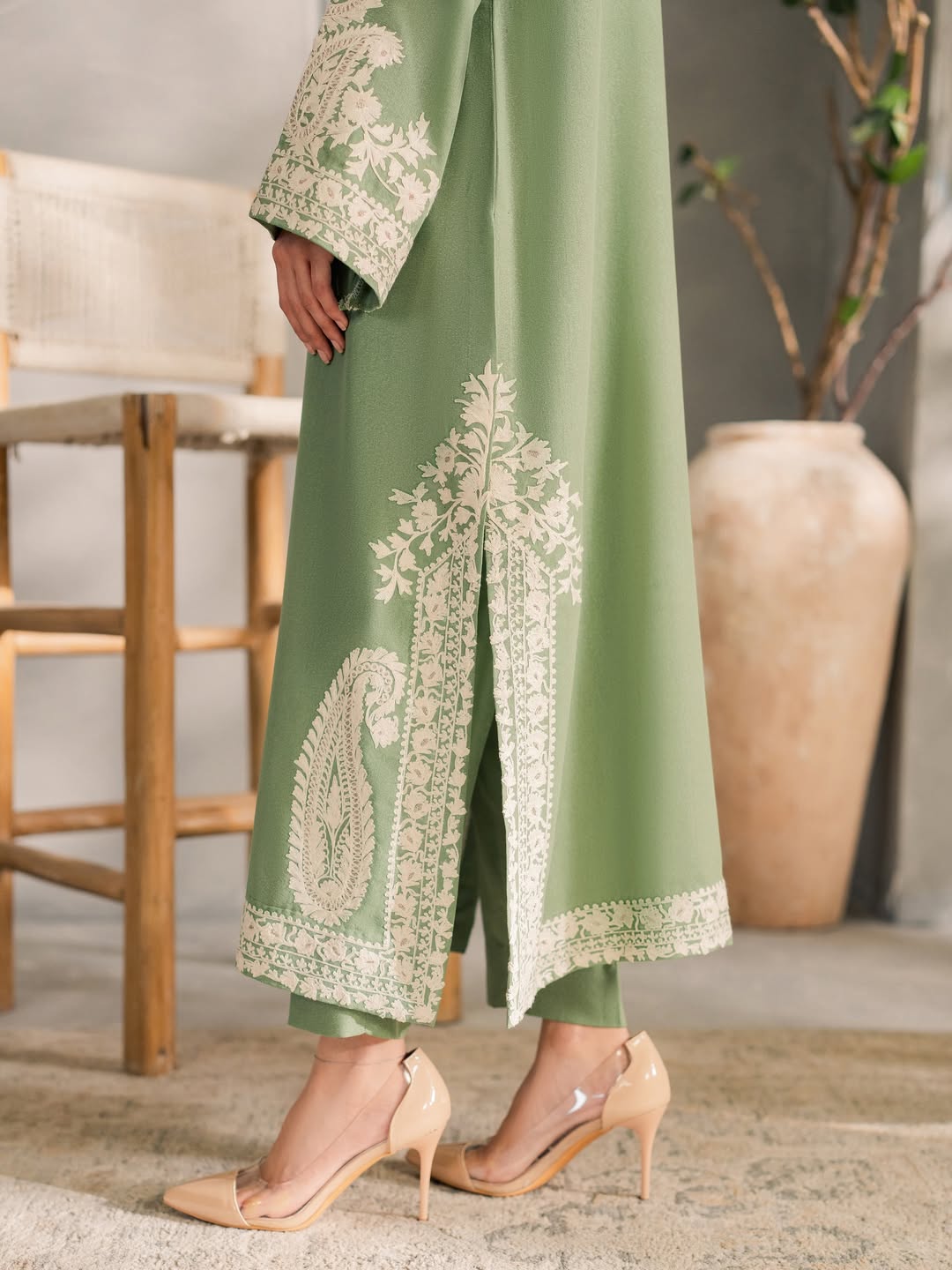 Close-Up of Embroidered Lawn Shirt and Sleeve Details