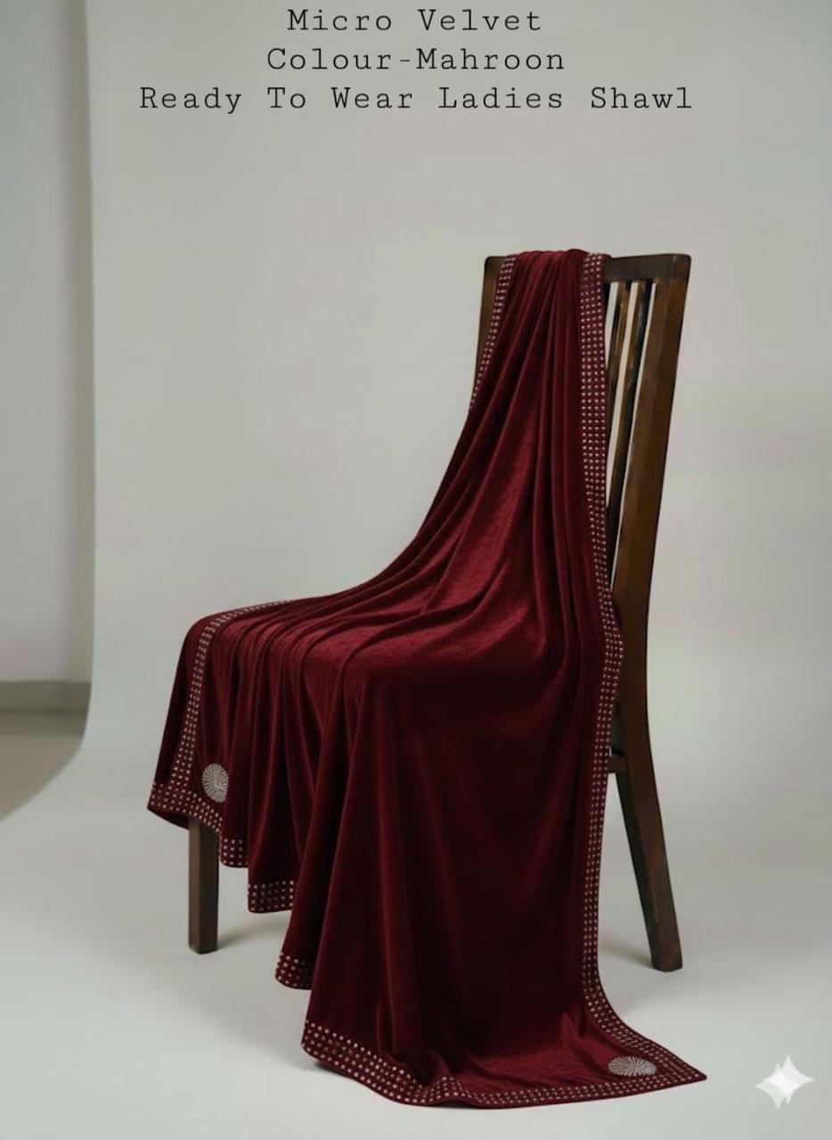 LADIES MICRO VELVET STONE WORK SHAWL (MEHROON)