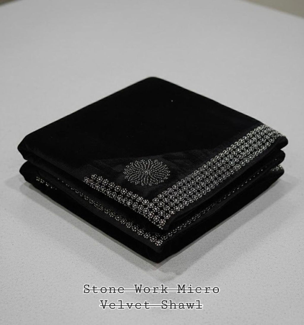 LADIES MICRO VELVET STONE WORK SHAWL (BLACK)