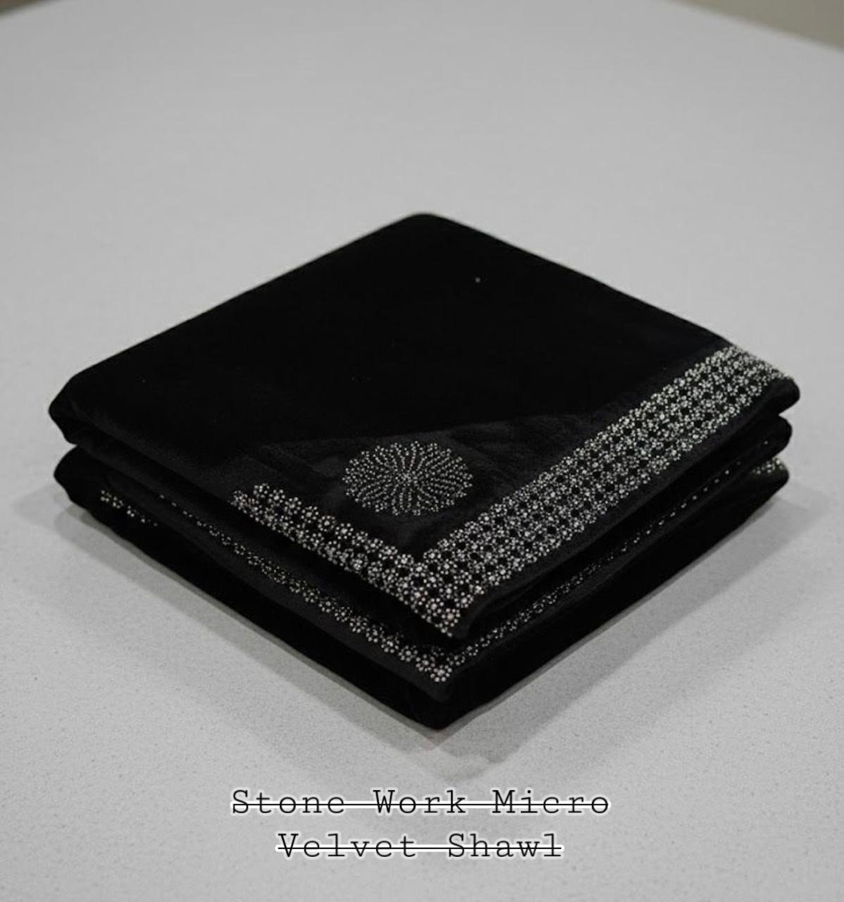 LADIES MICRO VELVET STONE WORK SHAWL (BLACK)