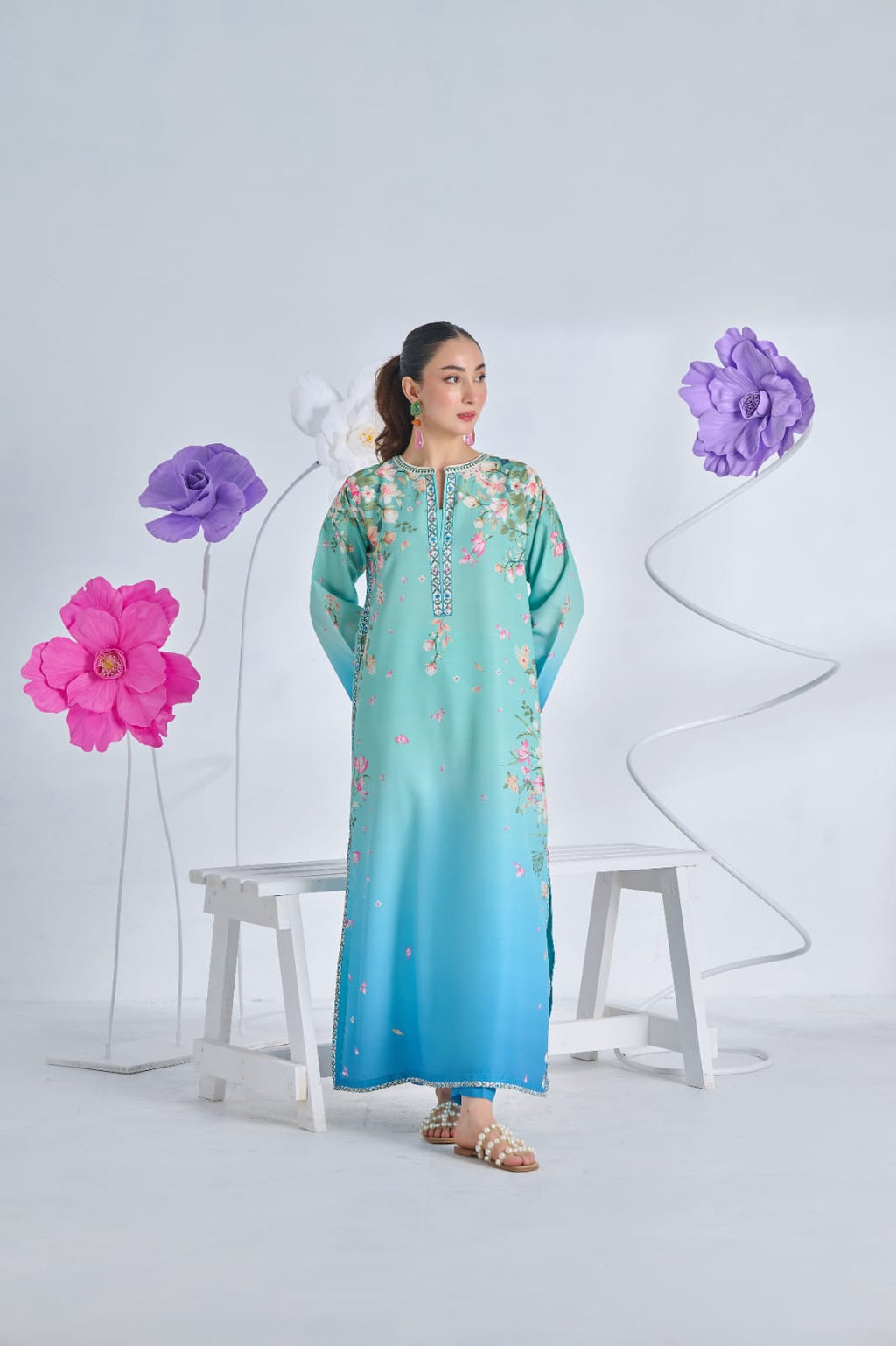 Premium Printed Crepe Silk 2 Piece Kaftan Suit Front View