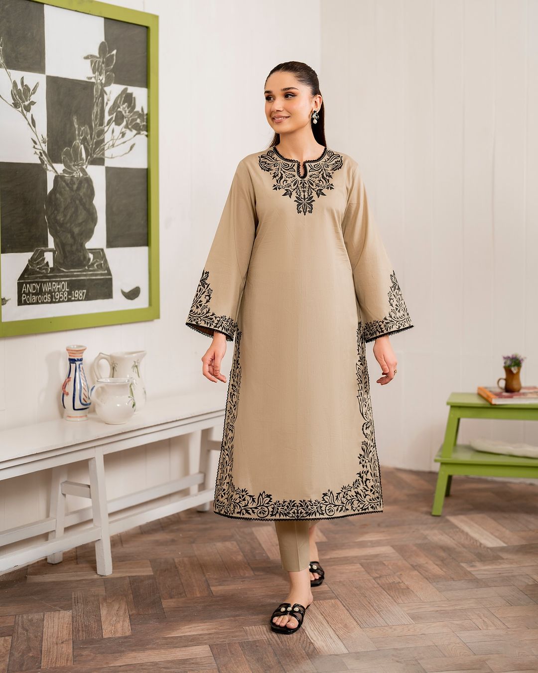 Orchid Premium Beige Swiss Lawn 3 Piece Stitched Suit Front View