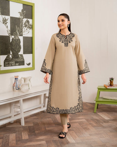 Orchid Premium Beige Swiss Lawn 3 Piece Stitched Suit Front View
