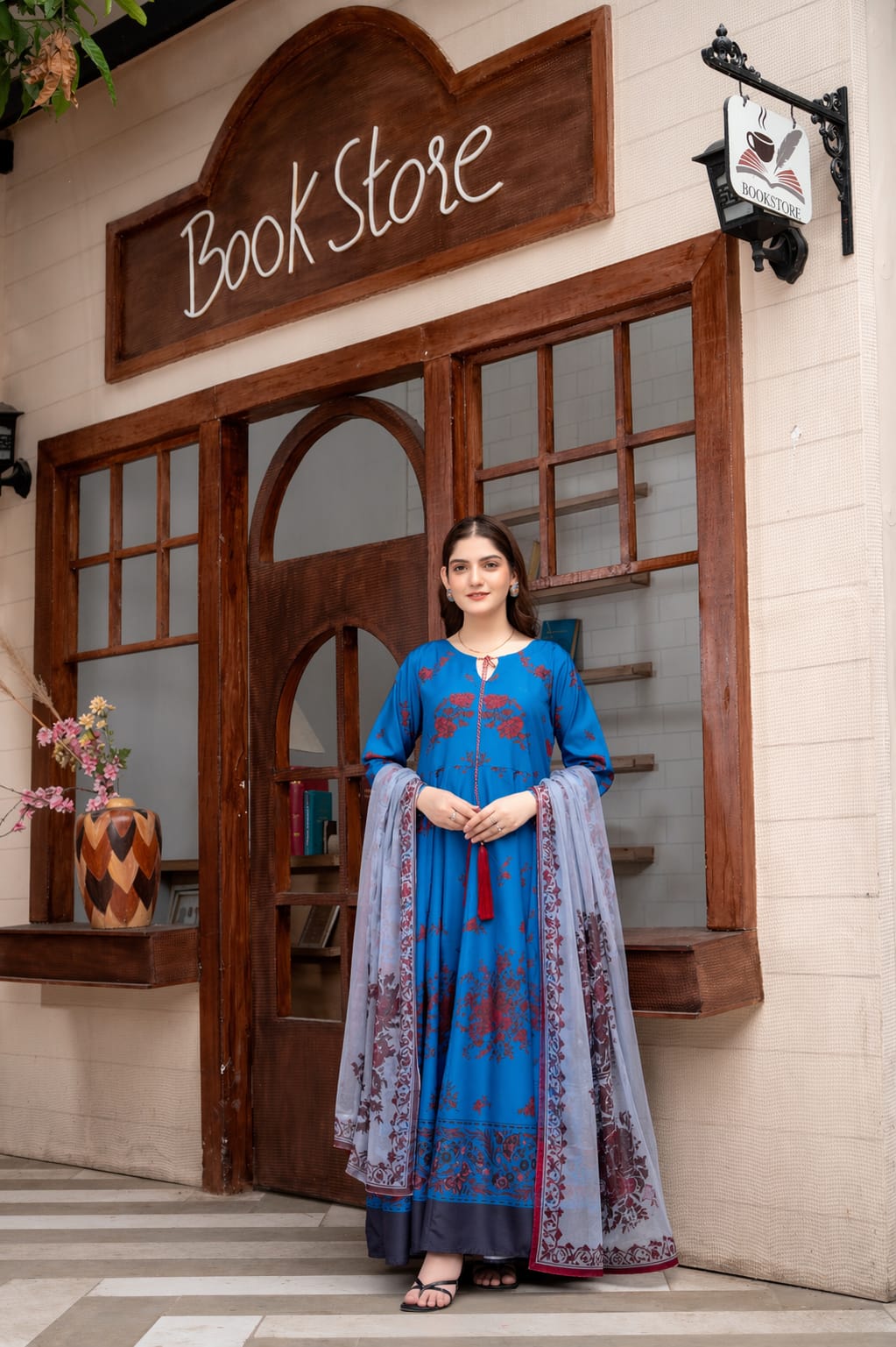 Royal blue printed 2 piece women's suit front view with digital printed dupatta.